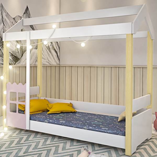 Cama De Solteiro Roberta Branco/rose Com Led