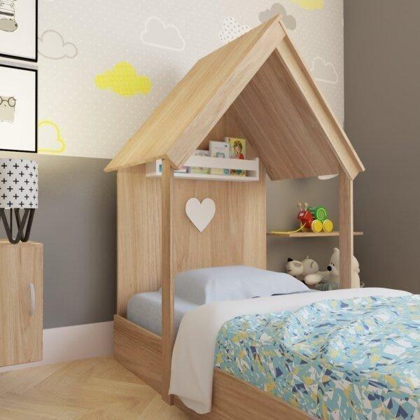 Cama Infantil 1 Prateleira Casinha Bramov Móveis Carvalho Mel