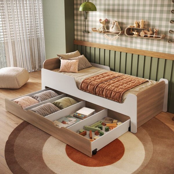 Cama Infantil  Solteiro Mick Com Baú Auxiliar Em Mdf Mobikasa