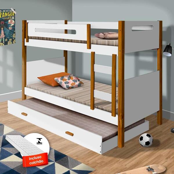 Cama Infantil Beliche Solteiro Em Mdf Com Auxiliar E 3 Colchõ