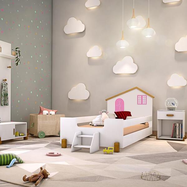 Cama Infantil Belíssima Branca E Rosa Com 2 Luminárias E Colc