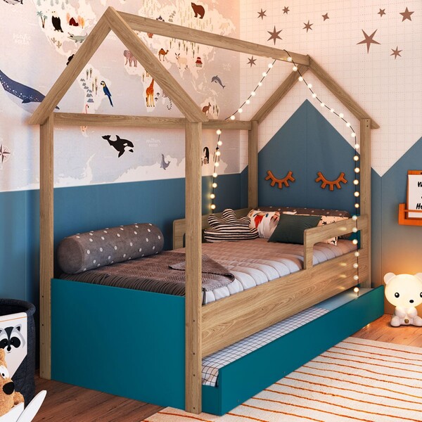 Cama Infantil Bicama Aveiro Oak/azul Secreto - Completa Móveis