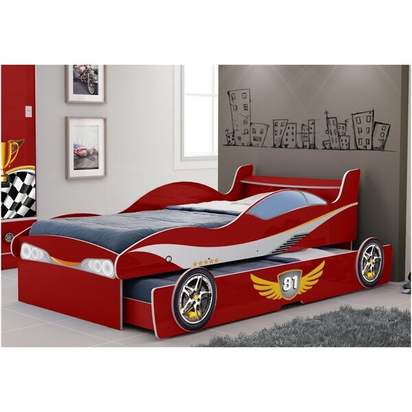 Cama Infantil Com Cama Auxiliar Carro Enzo Vermelho - Gelius