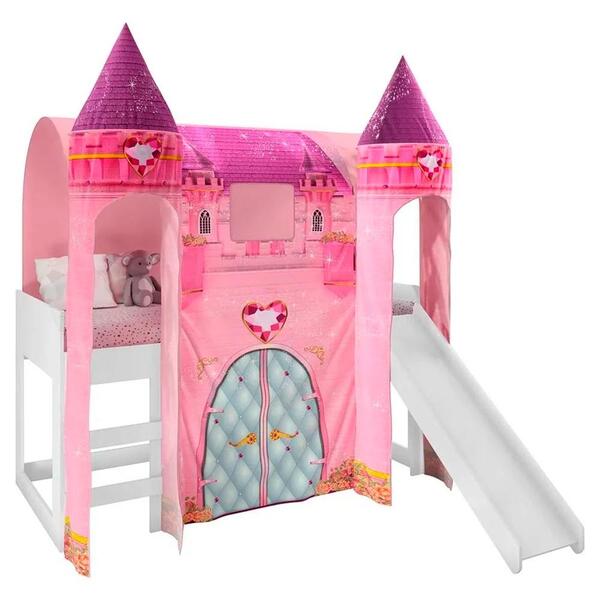 Cama Infantil Com Escorregador Barraca 2 Torres E Led Castelo