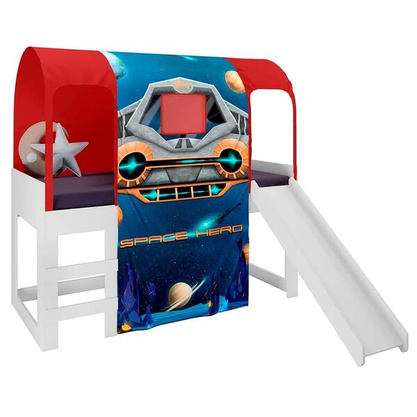 Cama Infantil Com Escorregador E Barraca Com Led Nave Espacia