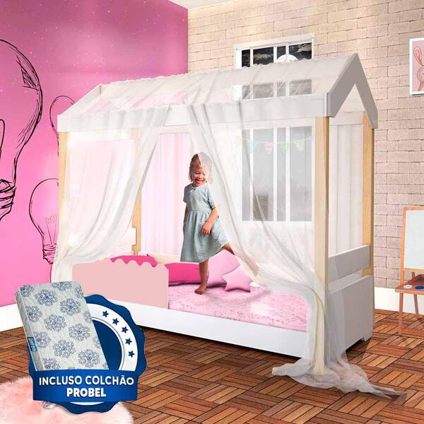 Cama Infantil Com Grade Branco E Rose E Voal Branco Jhulia Di