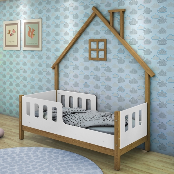 Cama Infantil Com Moldura Casinha Dream Freijó E Branco