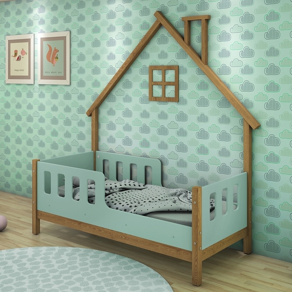 Cama Infantil Com Moldura Casinha Dream Freijó E Menta