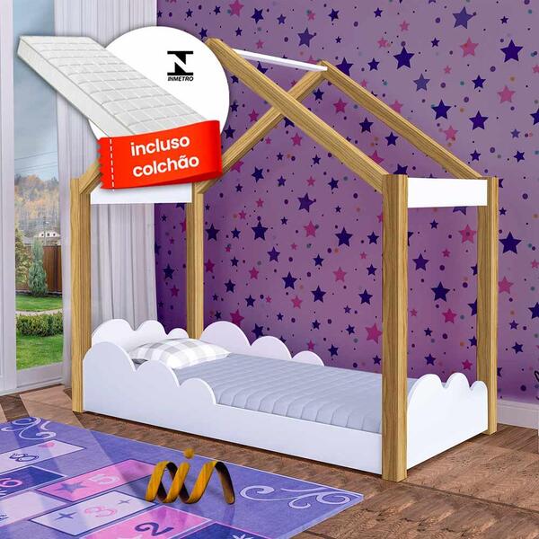 Cama Infantil Dossel Nuvem Montessoriana Com Colchão Branco M