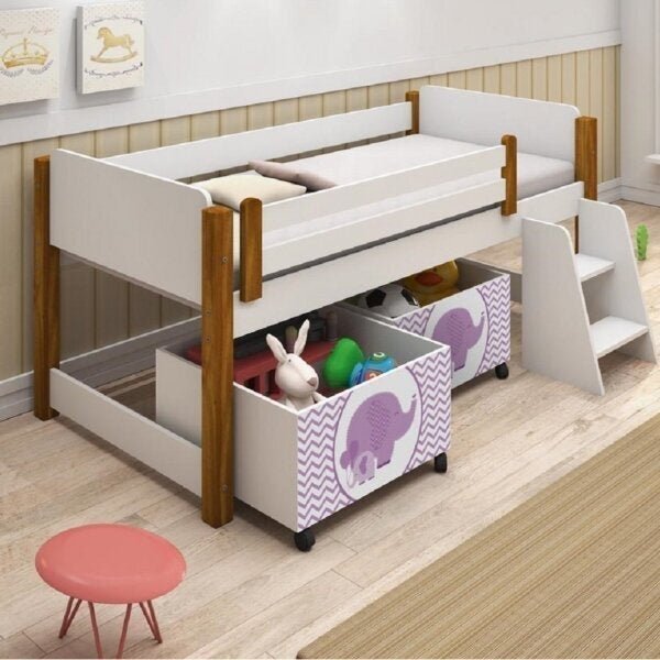 Cama Infantil Elevada 2 Baús Escadinha Naty Branco/mel/rosa