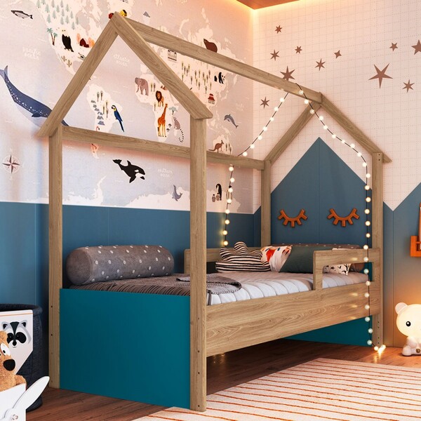Cama Infantil Montessoriana Aveiro Oak/azul Secreto - Complet