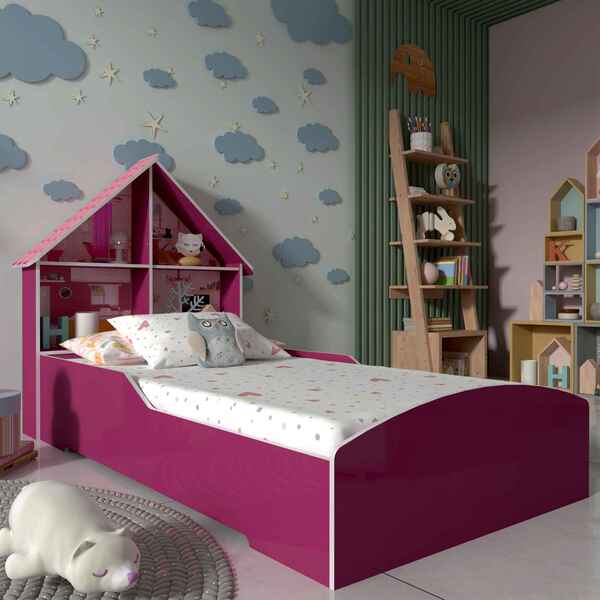 Cama Infantil Proteção Lateral E Cabeceira Casinha Rosa  - Re