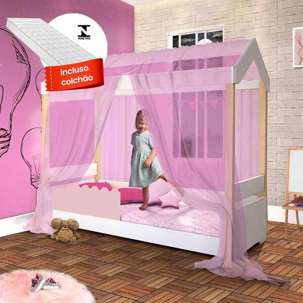 Cama Infantil Rose Com Voal Rosa E Colchão Jhulia Divaloto