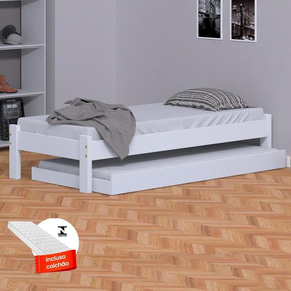 Cama Japonesa Solteiro Com Auxiliar E 2 Colchões Branca Madei