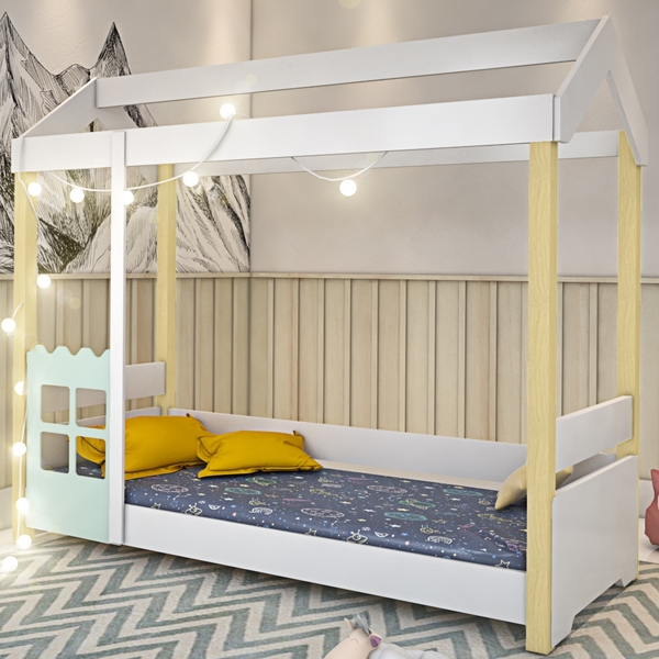 Cama Joyce Solteiro Branco/menta Com Colchão E Led