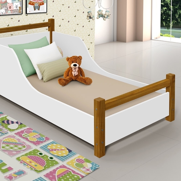 Cama Juvenil Branco Mel Com Pés Em Madeira Com Colchão