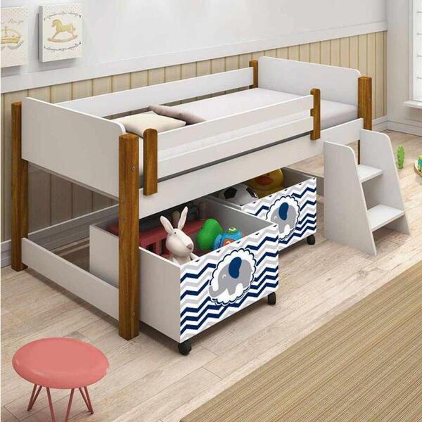 Cama Juvenil Com 2 Baús E Escadinha Adesivada Elefante Azul