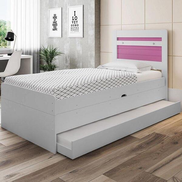 Cama Larissa Solteiro Branca E Rosa Com Auxiliar E 02 Colchõe