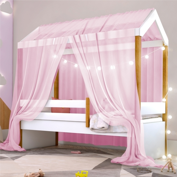 Cama Montessori Cabana Com Cordão Led E Dossel Rosa