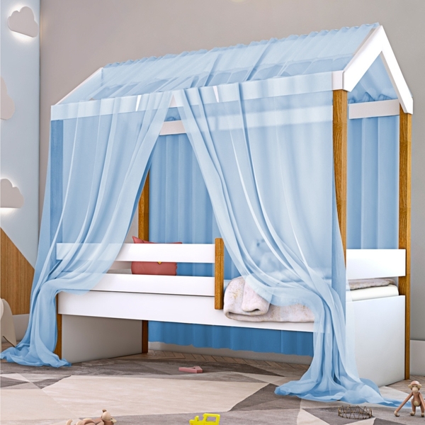 Cama Montessori Cabana Solteiro Com Colchão E Dossel Azul