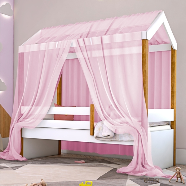 Cama Montessori Cabana Solteiro Com Dossel Rosa