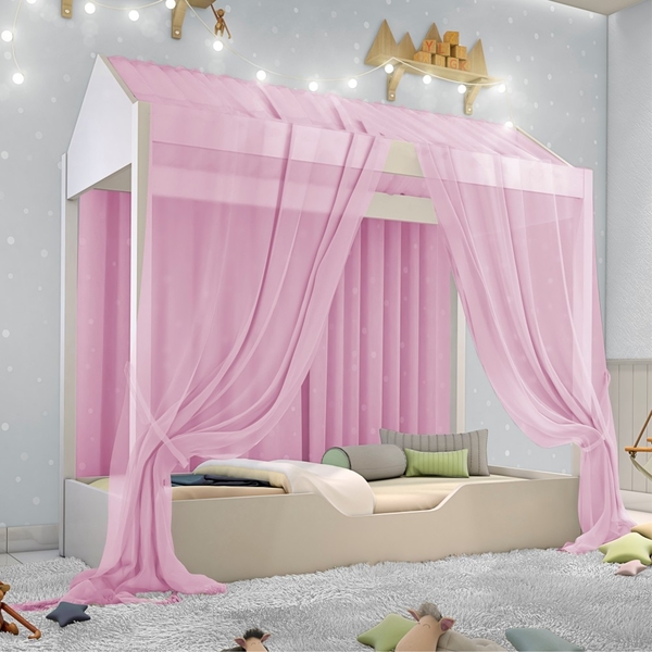 Cama Montessori Casa Juvenil Com Véu Rosa E Colchão