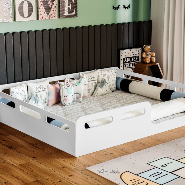 Cama Montessori Casal Infantil Branca Com Grades De Proteção