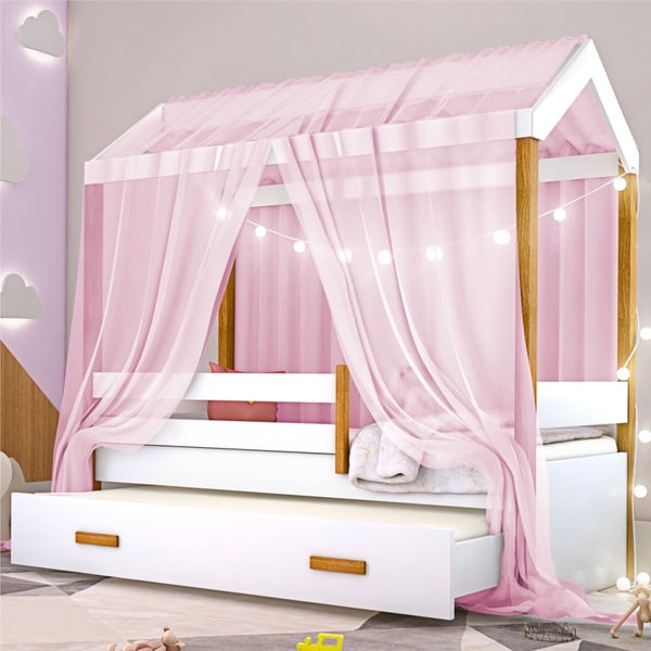Cama Montessori Com Auxiliar Cordão Led E Dossel Rosa
