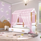 Cama Montessori Com Auxiliar Cordão Led E Dossel Rosa
