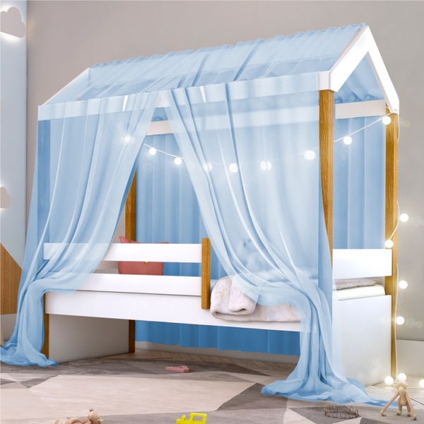 Cama Montessori Exclusiv Com Fio De Luz Colchão E Voal Azul