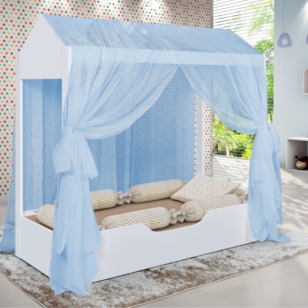 Cama Montessoriana 1,94 M Com Voal Azul E Colchão