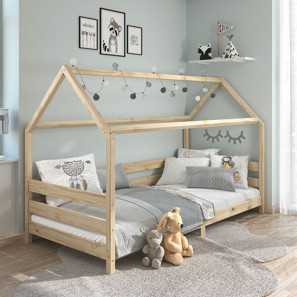 Cama Montessoriana Madeira Maciça Casa Com Estrado Fina - Nat