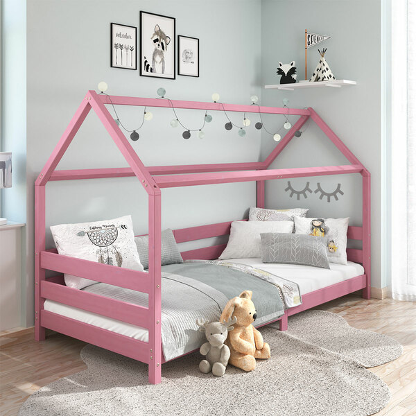 Cama Montessoriana Madeira Maciça Casa Com Estrado Fina - Rosa