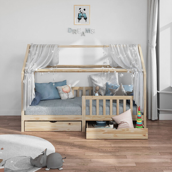 Cama Montessoriana Madeira Maciça Casa Com Estrado Nuna - Nat