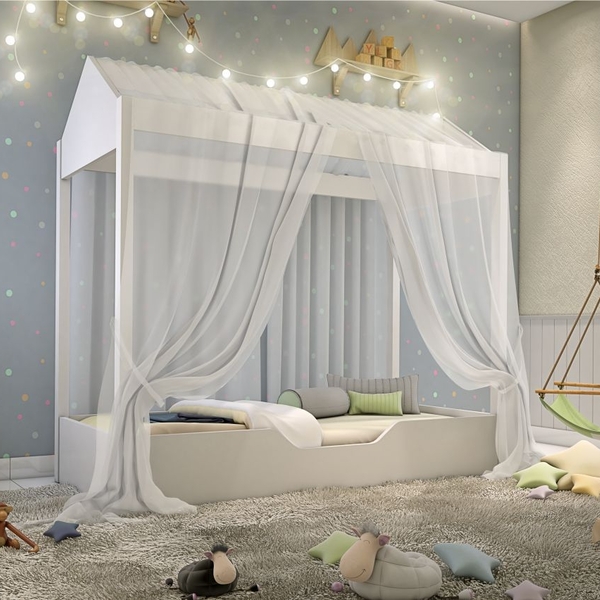 Cama Montessoriana Prime Solteiro Com Voal Branco