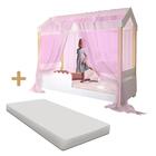 Cama Montessoriana Solteiro Branco Com Colchão E Voal Rosa Jh