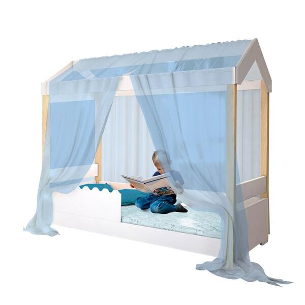 Cama Montessoriana Solteiro Branco Com Voal Azul Jhulia Dival