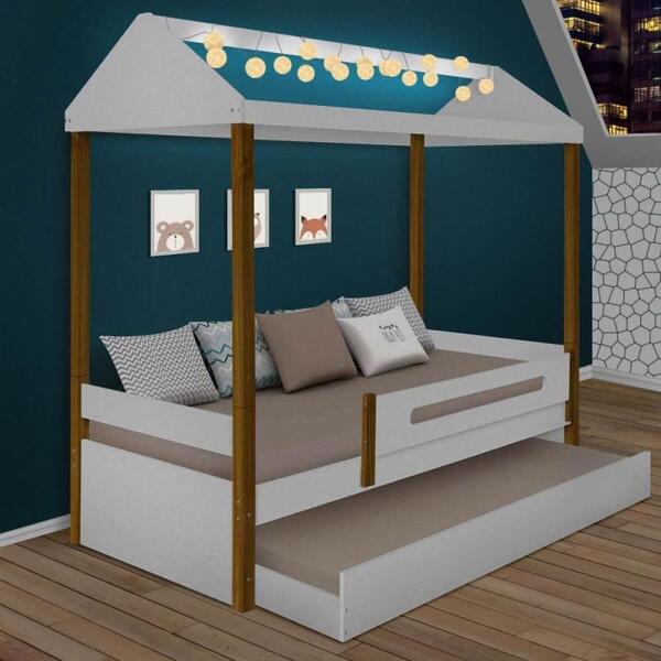 Cama Montessoriana Solteiro Com Led E Cama Auxiliar Sara Bran