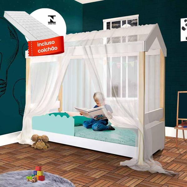 Cama Montessoriana Solteiro Menta Com Colchão E Voal Branco J