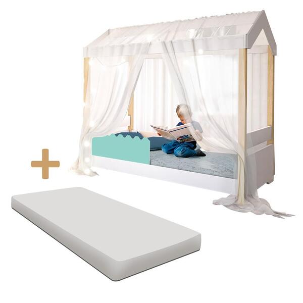 Cama Montessoriana Solteiro Menta Com Led Voal Branco E Colch
