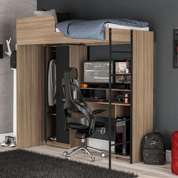 Cama Multifuncional City Com Armário E Mesa Gamer - Castanho