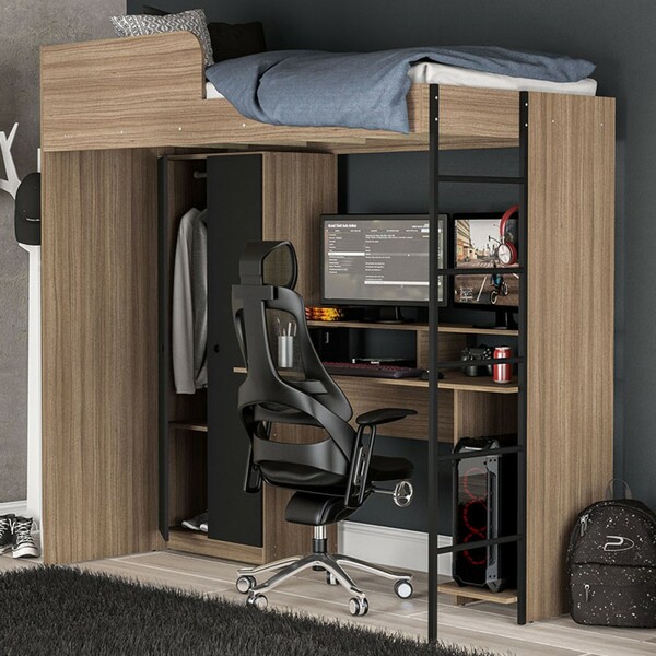 Cama Multifuncional Konza Com Mesa Gamer Castanho/preto - Pol