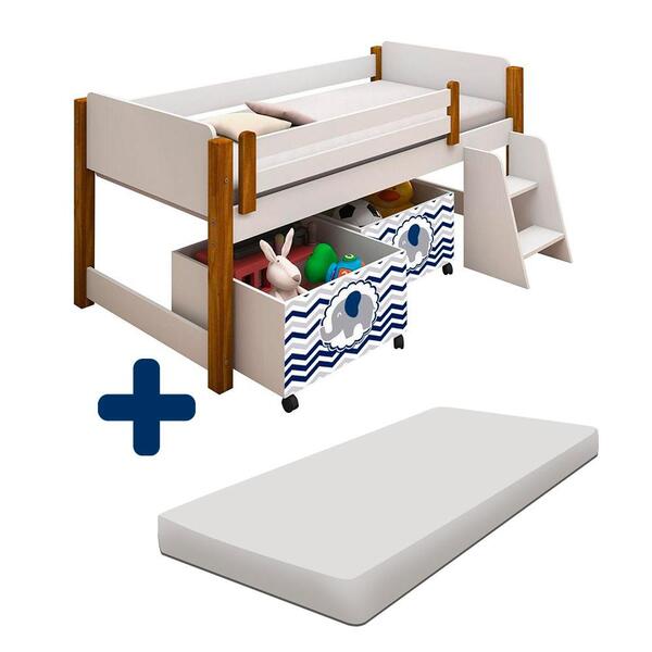 Cama Para Criança Com 2 Baús Elefante Azul E Colchão Solteiro