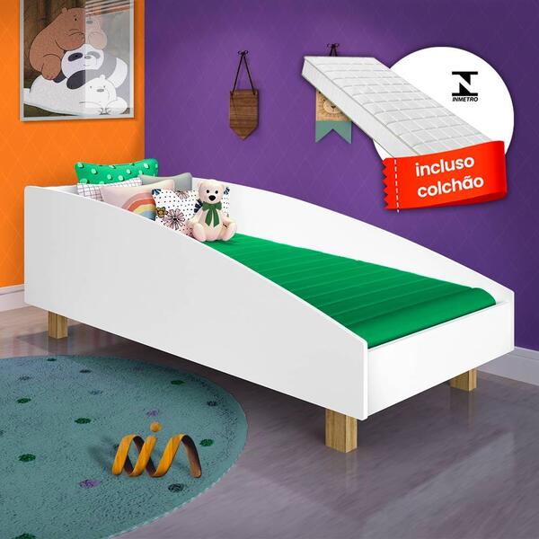 Cama Para Criança Com Colchão E Proteção Lateral Branco Mel E