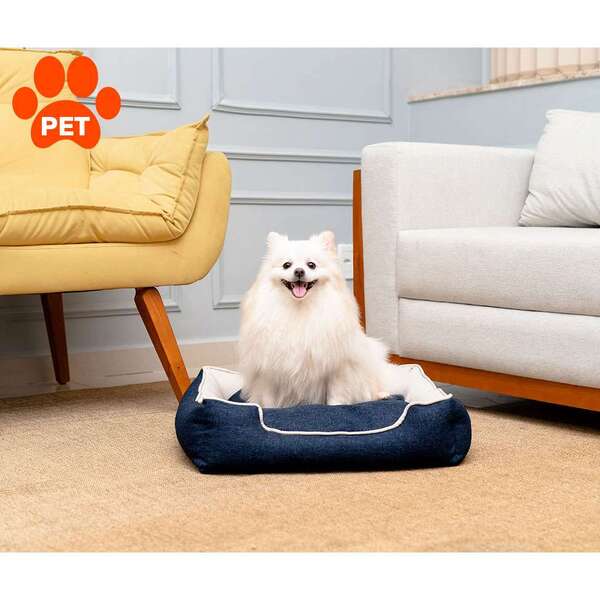 Cama Para Pet Beagle Linho Azul Marinho E Cru 65 Cm