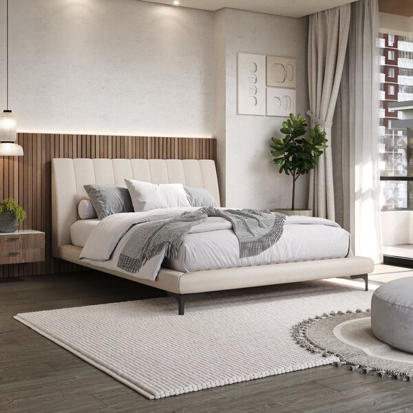 Cama Queen Estofada Linho Com Cabeceira Moon Bege
