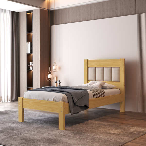 Cama Solteiro 100% Madeira Maciça Pinus Cabeceira Tapeçada Vi