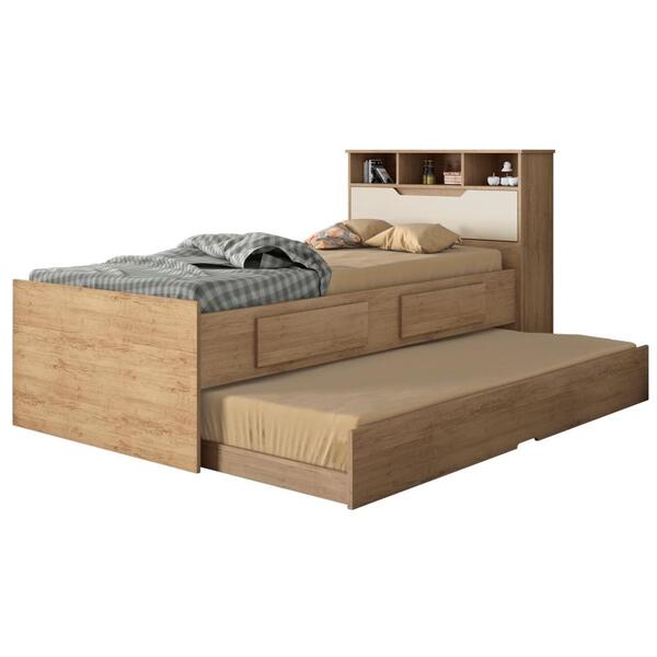 Cama Solteiro Baú Ravena Com Auxiliar Amêndoa Off White