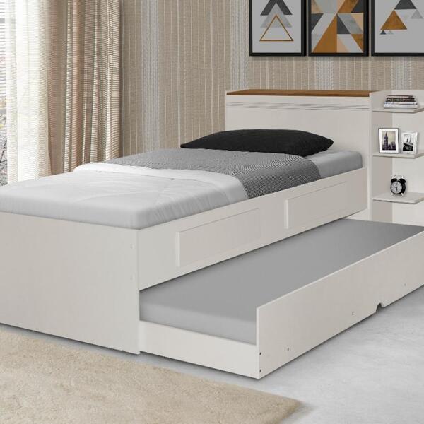 Cama Solteiro Bibox Baú 2 Gavetas Off White Castanho 0,88 C/