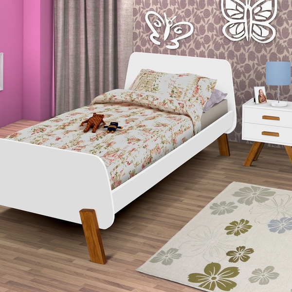 Cama Solteiro Branca e Mel com Criado Mudo